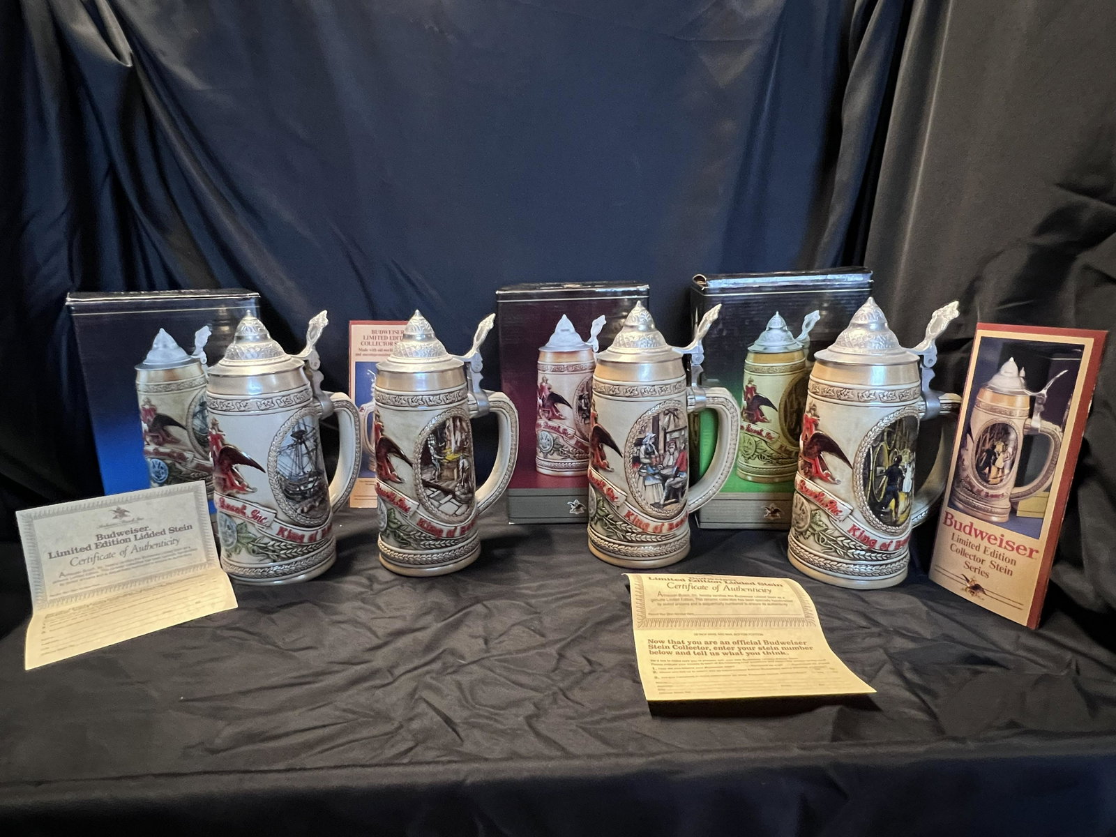 Anheuser Busch Tomorrow's Treasures Limited Edition Set of 4 Steins. 3 in the original boxes. All: Anheuser Busch Tomorrow's Treasures Limited Edition Set of 4 Steins. 3 in the original boxes. All in great shape with no damage.