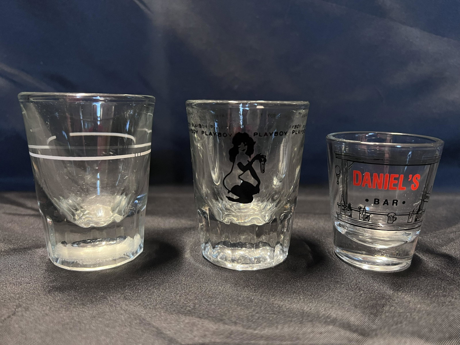 3 Vintage Shot Glasses 1 Playboy Club from the 1960's.: 3 Vintage Shot Glasses 1 Playboy Club from the 1960's.