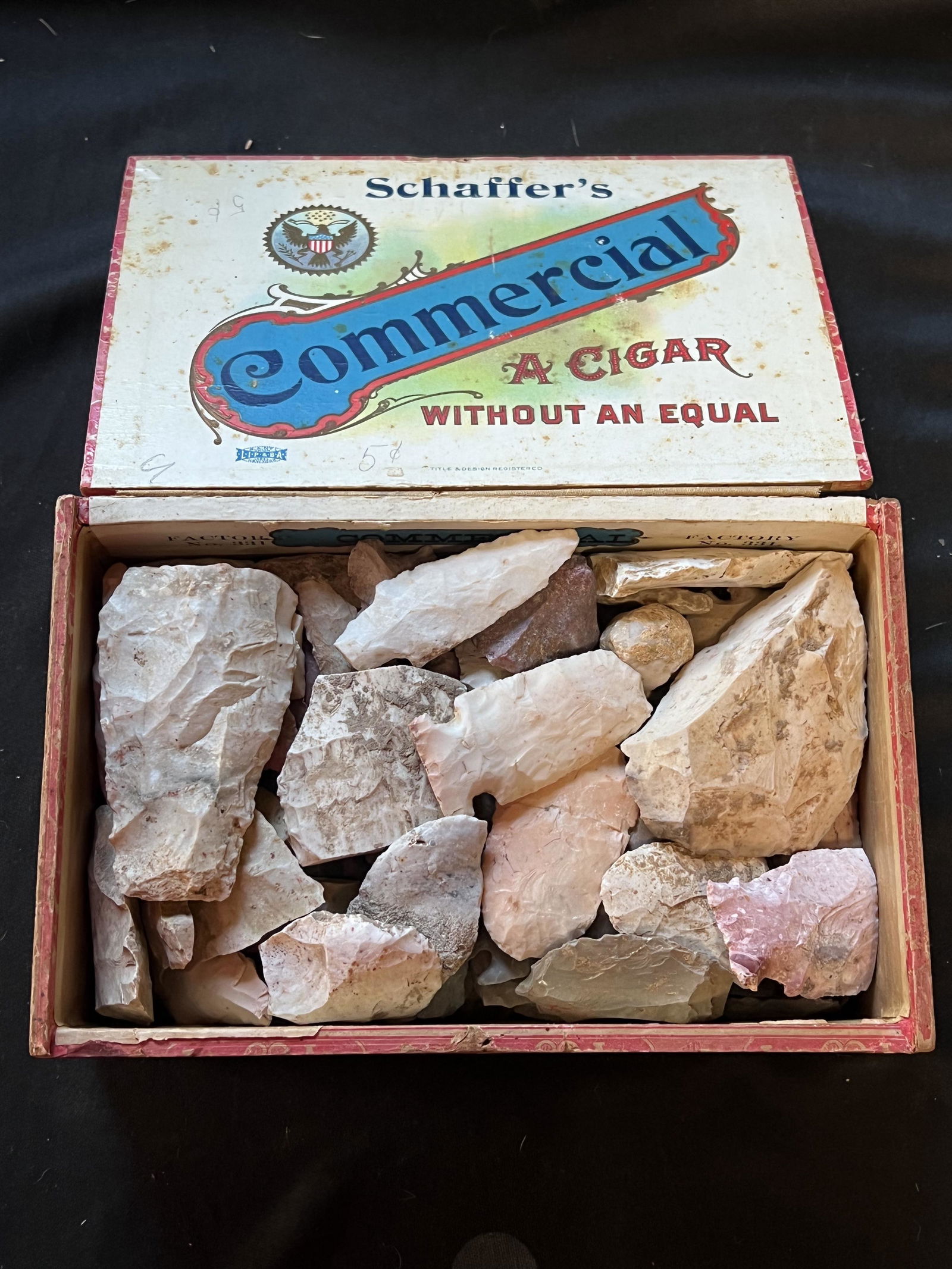 Group of Damaged Arrowheads in a Cigar Box. Found in Illinois and Missouri.: Group of Damaged Arrowheads in a Cigar Box. Found in Illinois and Missouri.