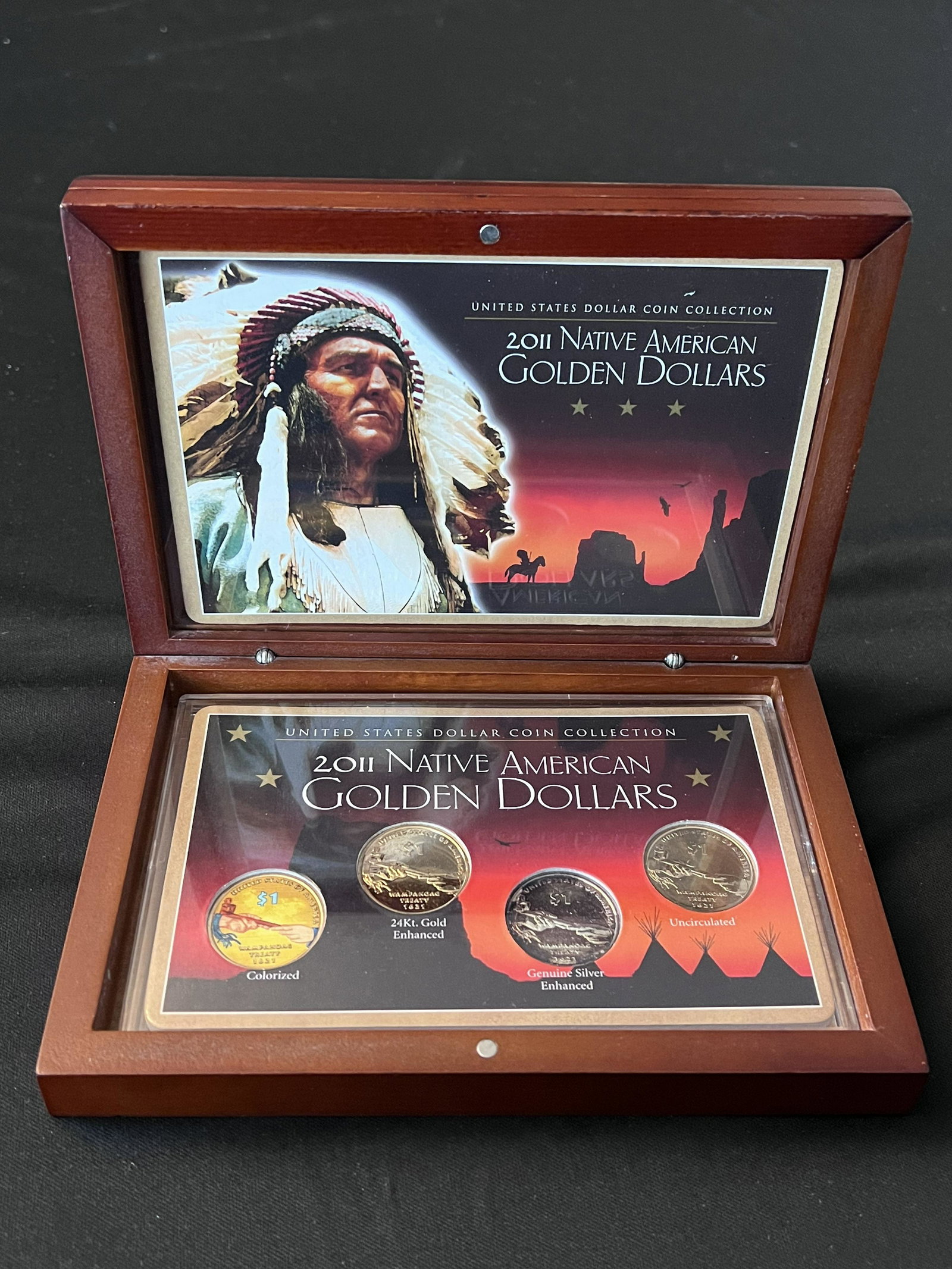 2011 Native American Golden Dollars Set uncirculated in the original case and wood box.: 2011 Native American Golden Dollars Set uncirculated in the original case and wood box.