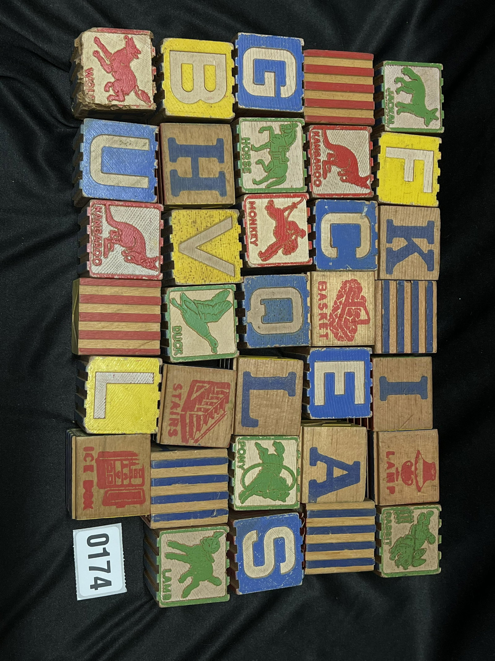 Group of 34 Vintage Toy Wood Blocks: Group of 34 Vintage Toy Wood Blocks measures 1 3/4 inches.