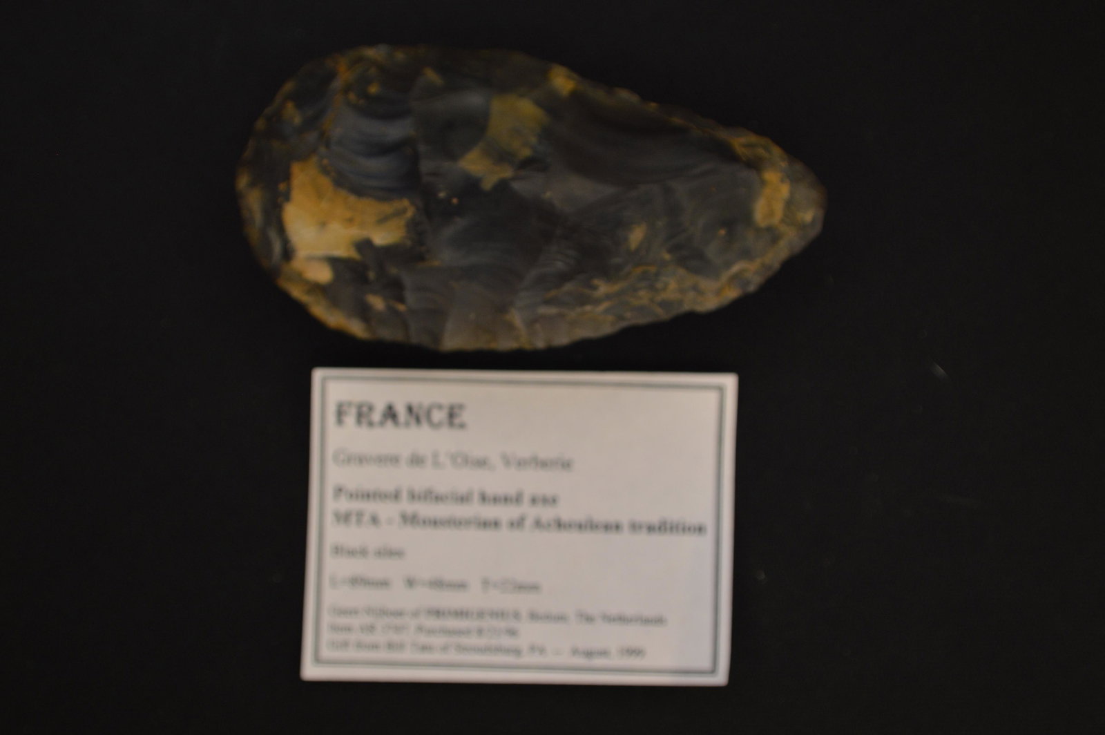 3 1/2" Pointed Bifacial Hand Axe Found in France Mousterian of Acheulean Tradition Ex: Bill Tatu, (1 of 6)