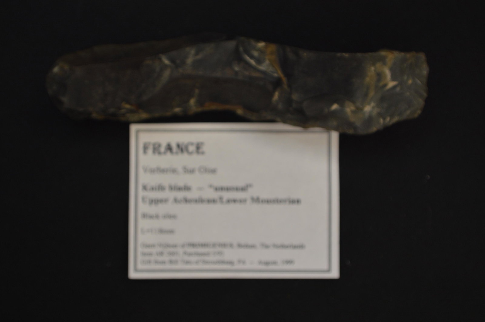 4 5/8" Knife Blade Upper Acheulean/Lower Mousterian Found in France Ex: Bill Tatu, John Grenawalt (1 of 5)