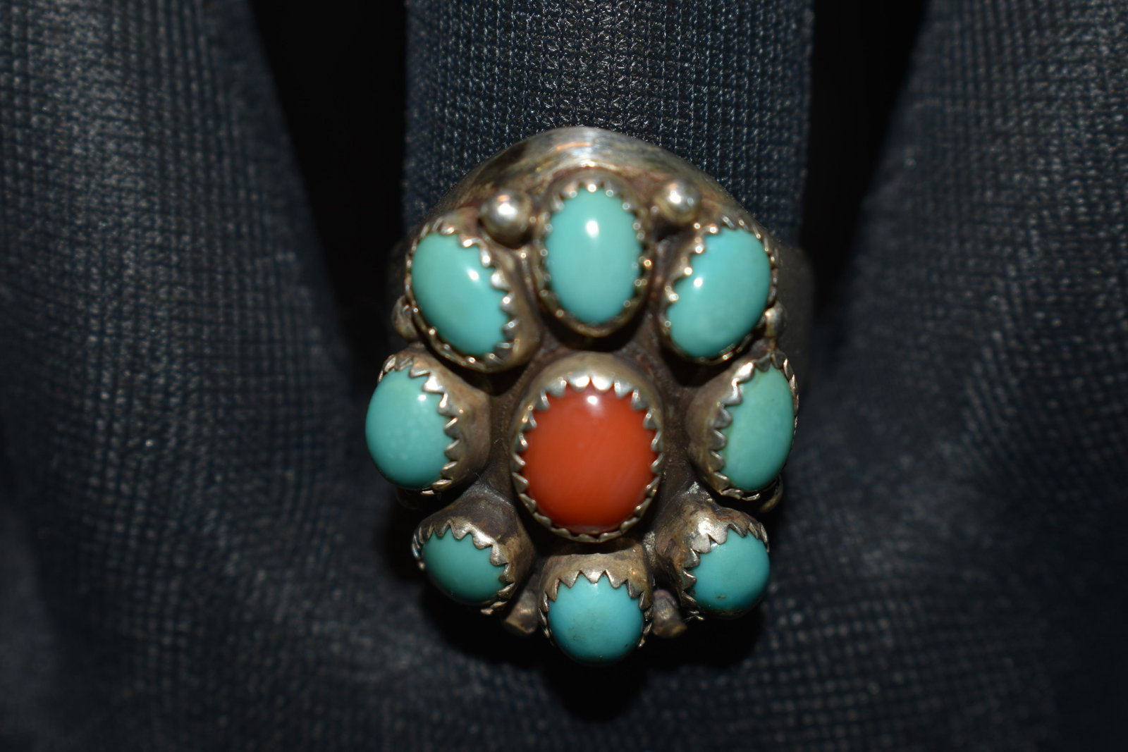 Heavy 27 Gram Vintage Navajo Turquoise and Coral Sterling Silver Ring Size 11 1/2 (1 of 5)