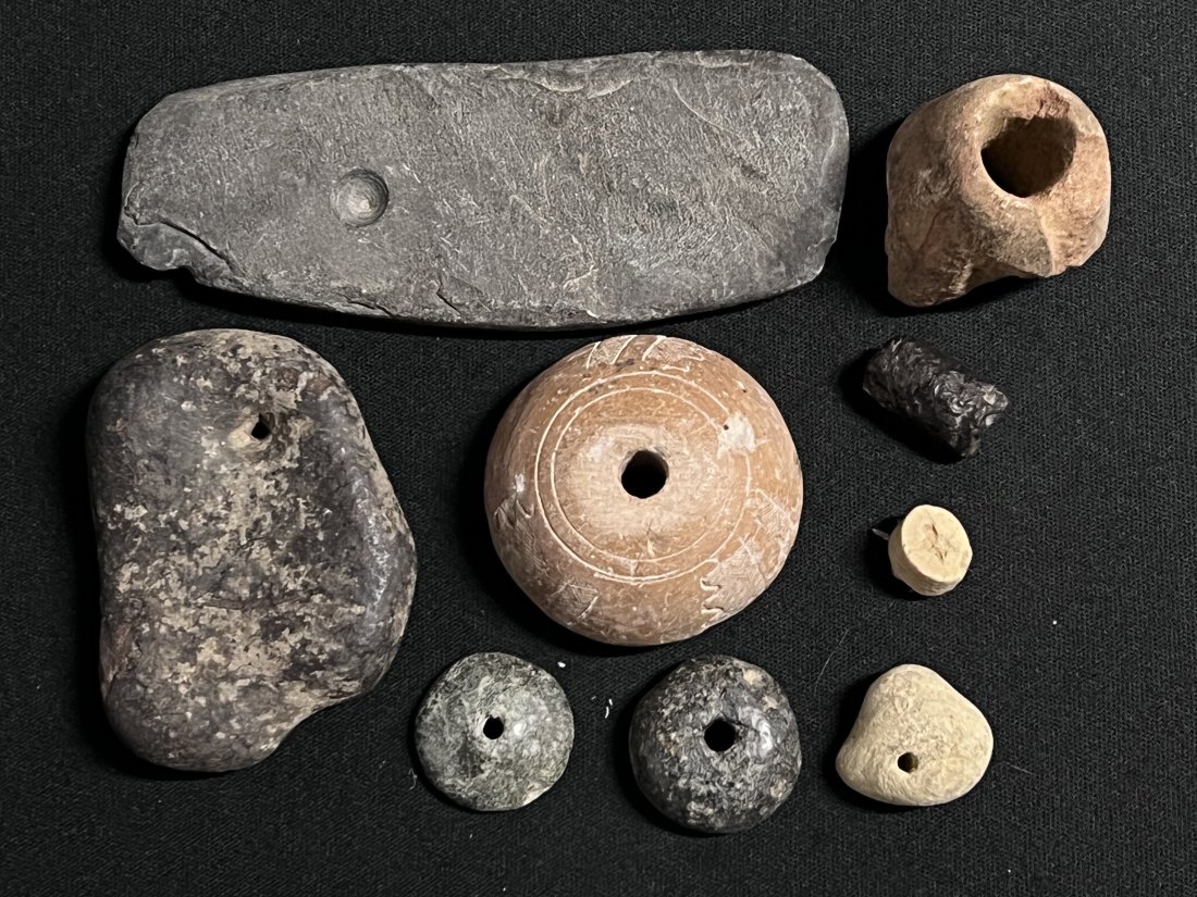 Group of 9 Artifact includes Damaged pipes, Spindle Whorls, unfinished slate gorget, and drilled (1 of 6)