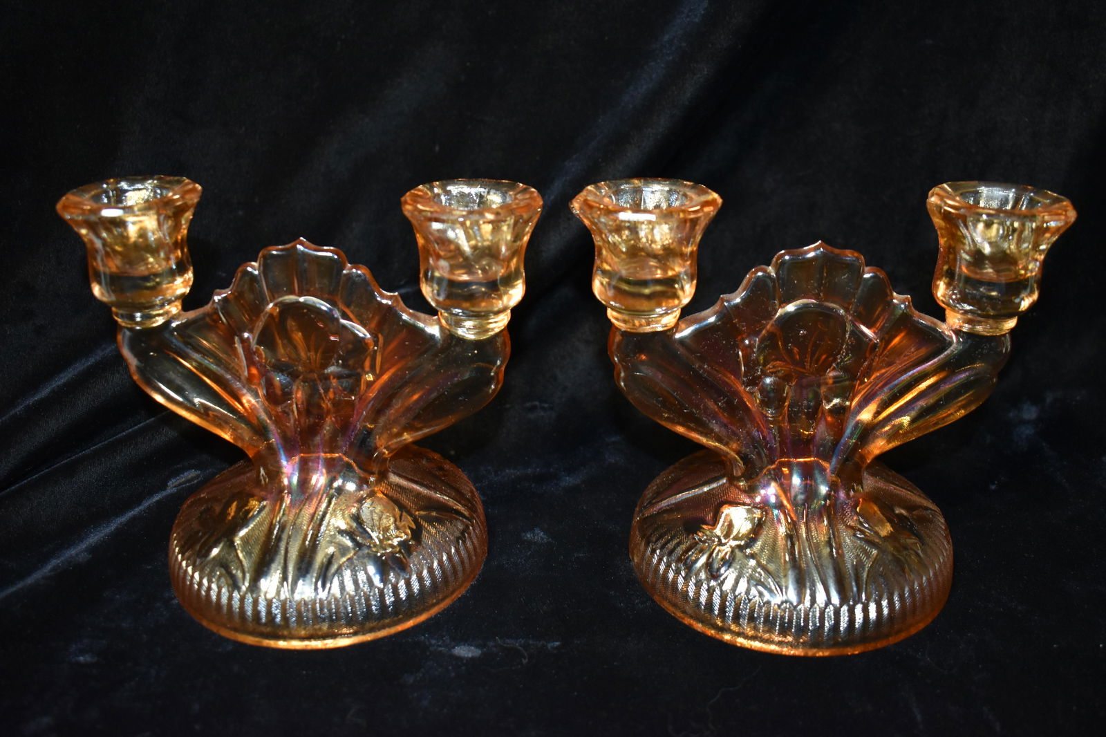 Pair of Vintage IRRS & Herringbone Carnival Glass Candle Holders: Pair of Vintage IRRS & Herringbone Carnival Glass Candle Holders. Both are in excellent condition. They measure 5 1/4" tall and just under 6" wide.