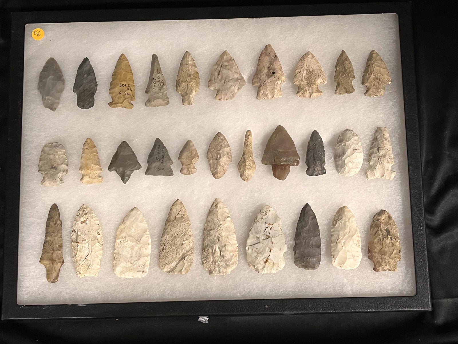 Frame of 30 Arrowheads Found in Bond Co. Illinois.  The longest is 3 1/8".    The 12" x 16" Frame is (1 of 5)