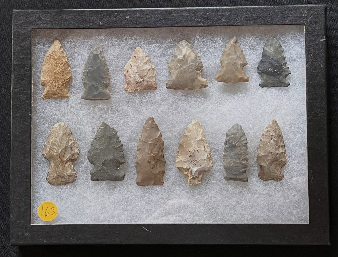 Group of 12 Arrowheads Found in Ohio, longest is 1 3/4" Ex: John Bennett Collection.  6" x 8" frame (1 of 4)
