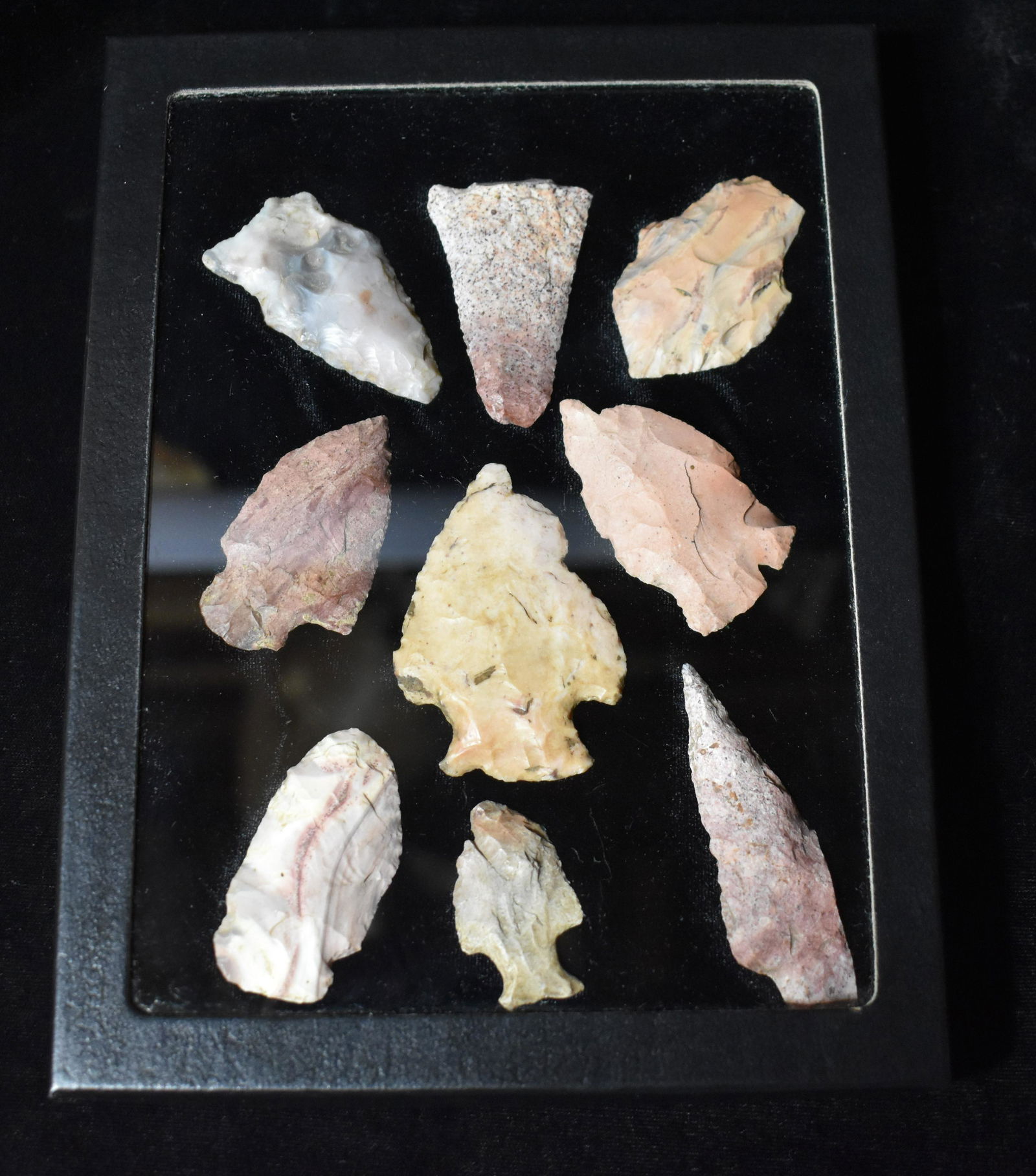 Frame of 9 Colorful Arrowheads found in Boone Co., Mo.  Ex Beau and Ryan Leech Collection (1 of 2)