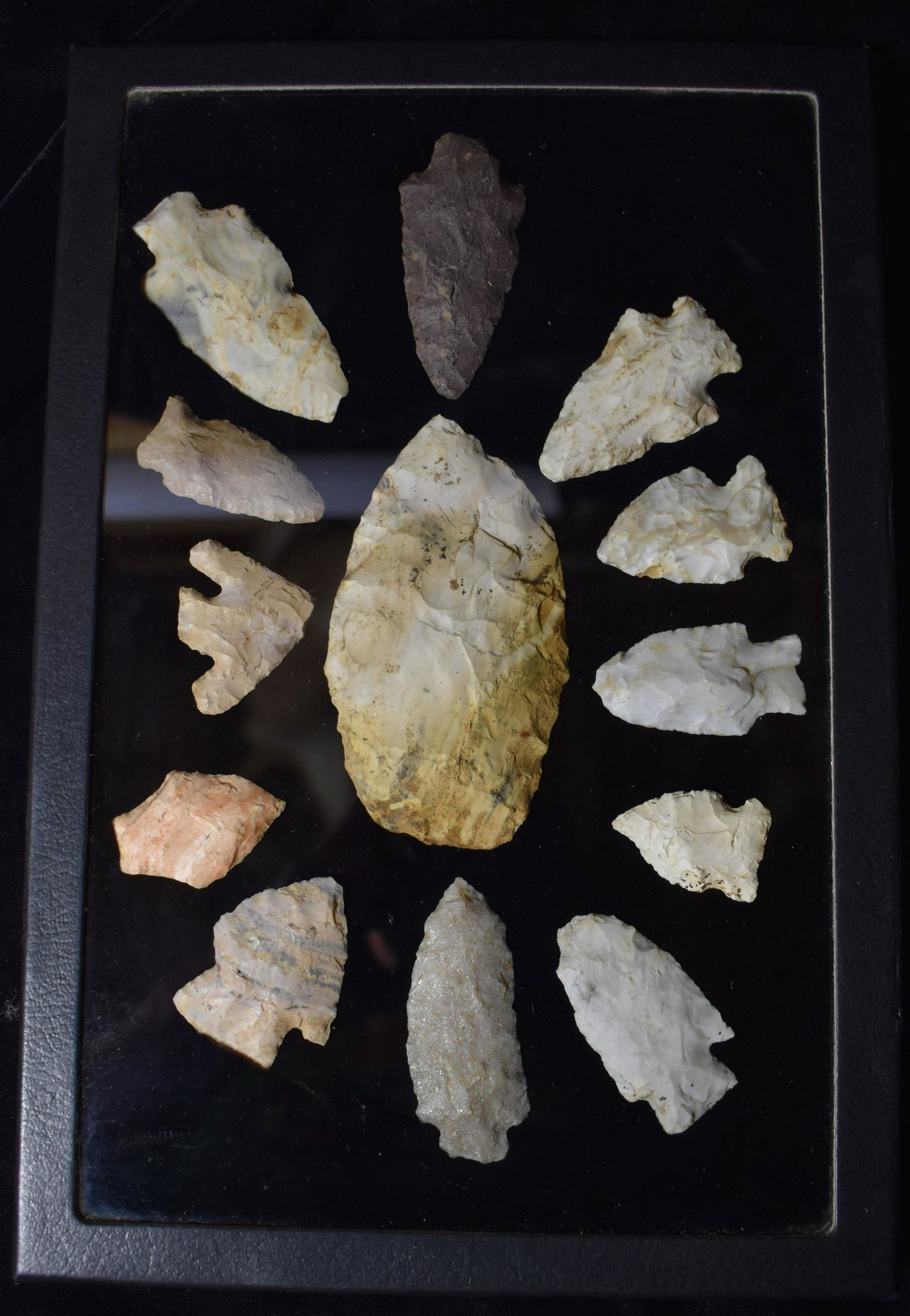 Frame of 13 Arrowheads found in Boone Co., Mo Ex Ryan and Beau Leech Collection (1 of 2)