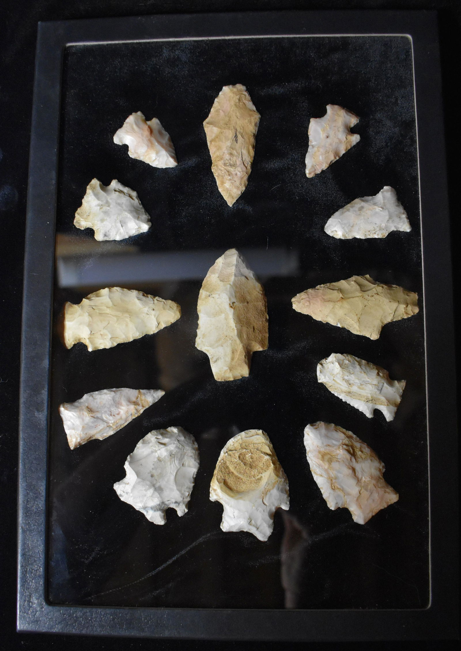 Frame of 13 Arrowheads found in Boone Co., Mo Ex Ryan and Beau Leech Collection (1 of 2)