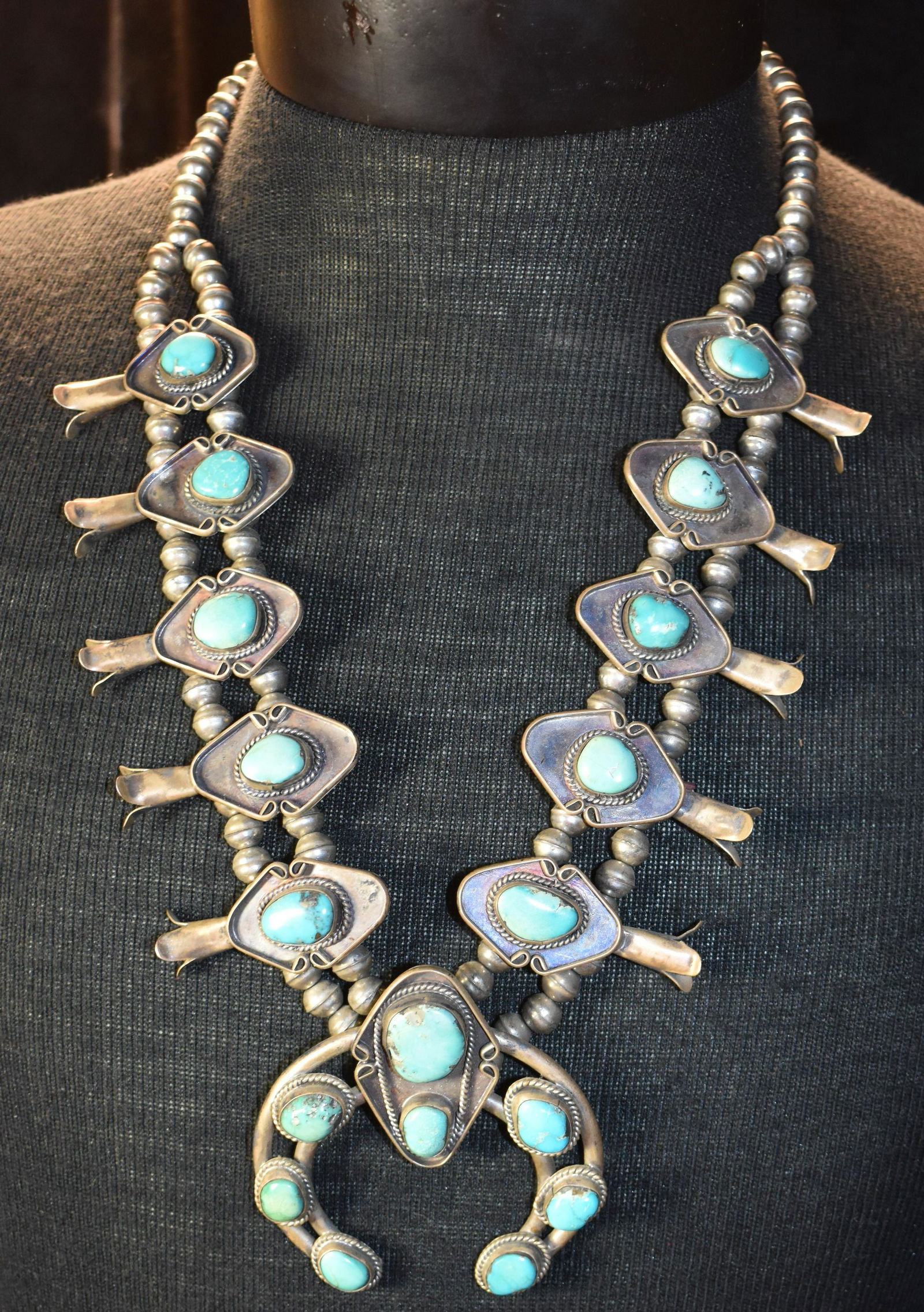 Old Navajo Massive Sterling Silver and Turquoise Squash Blossom Necklace (1 of 8)