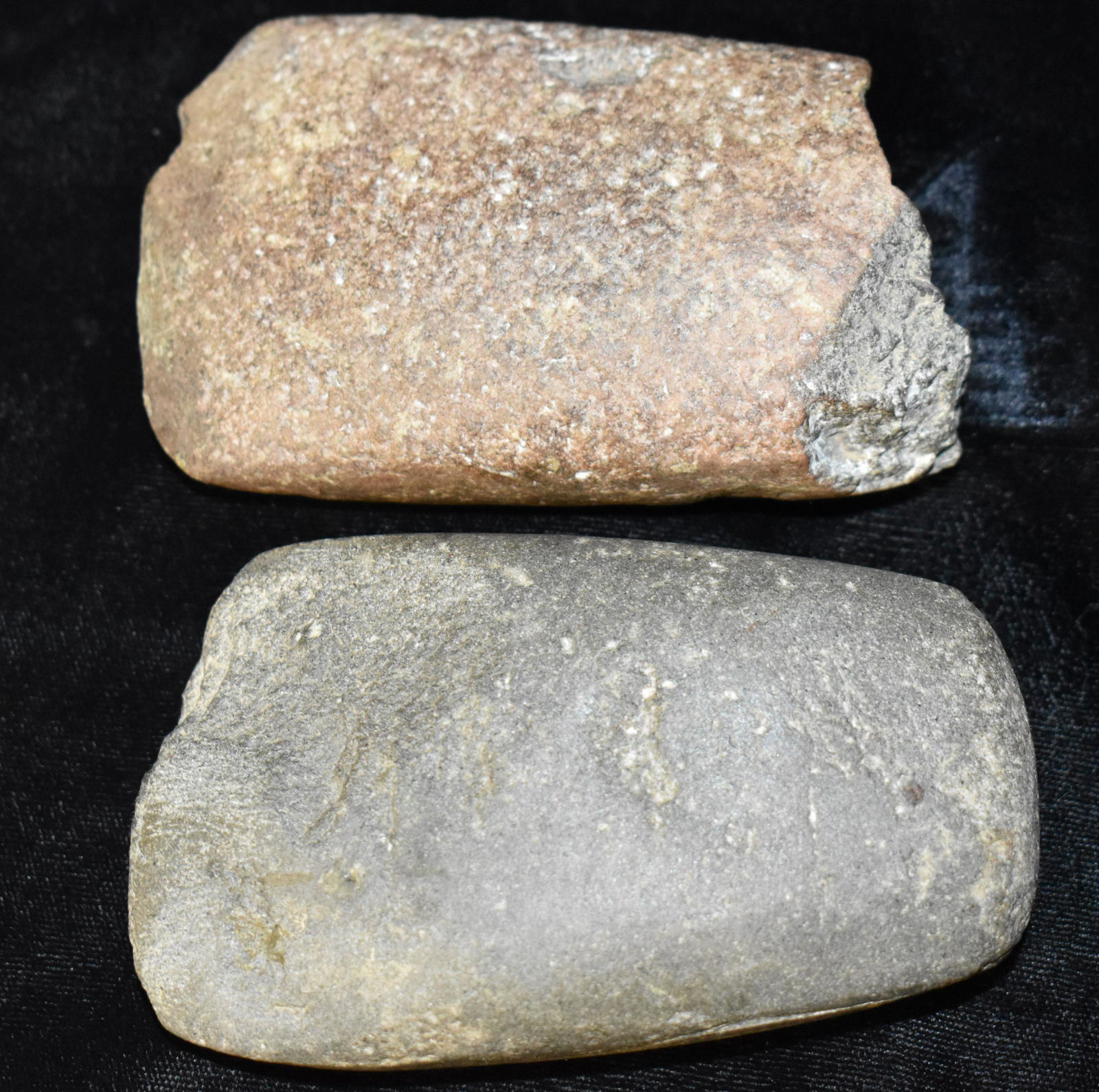 2 Granite Celts found in Boone Co., Mo Ex Ryan and Beau Leach Collection: 2 Granite Celts found in Boone Co., Mo Ex Ryan and Beau Leach Collection. Both celts measure around 4" long.