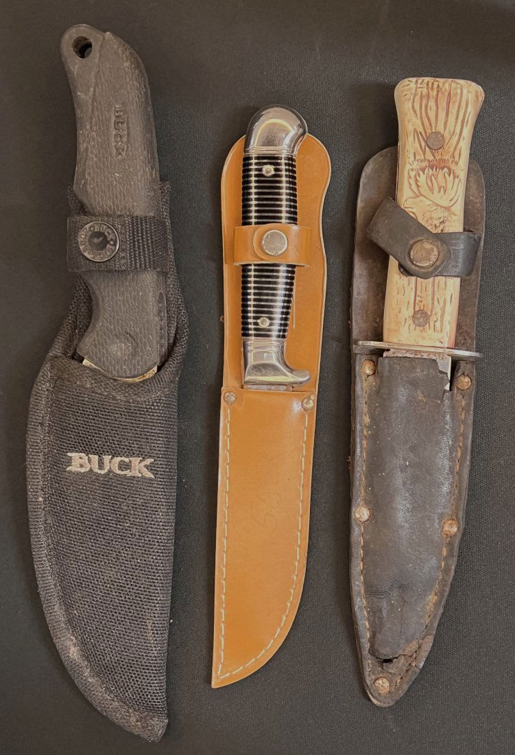 3 Fixed Blade Knives in Sheaths.  Includes a Buck Knife.  Longest is 10 1/2 inches. (1 of 3)