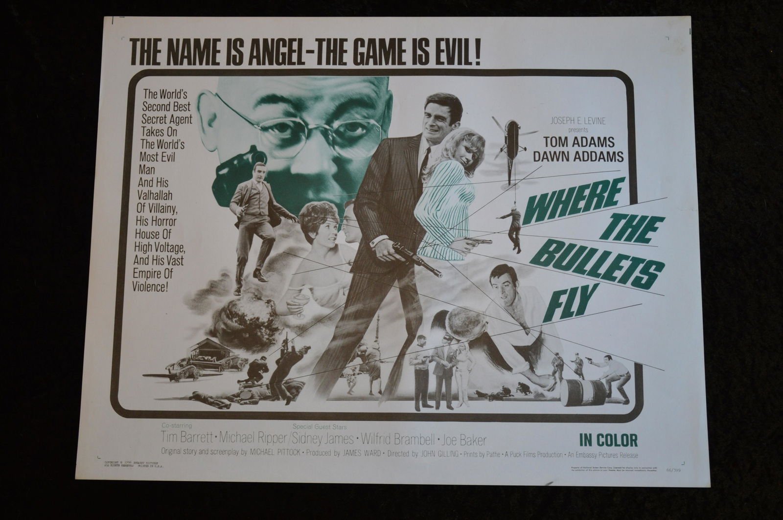 1966 Where The Bullets Fly Original Movie Poster by Embassy Pictures Starring Tom Adams, Dawn Adams,: 1966 Where The Bullets Fly Original Movie Poster by Embassy Pictures Starring Tom Adams, Dawn Adams, Tim Barrett, Michael Ripper, Sidney James, Wilfrid Brambell, Joe Baker.