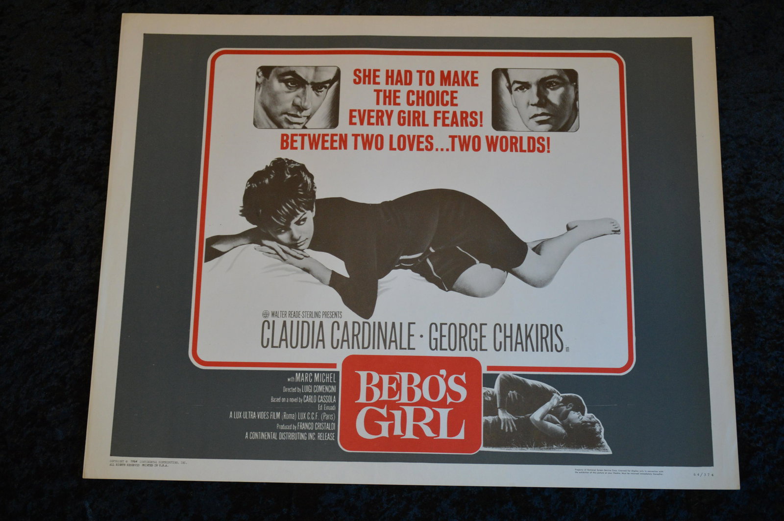 1964 Bebo's Girl Original Movie Poster by Walter Reade Sterling Starring Claudia Cardinals, George: 1964 Bebo's Girl Original Movie Poster by Walter Reade Sterling Starring Claudia Cardinals, George Chakiris, Marc Michel.