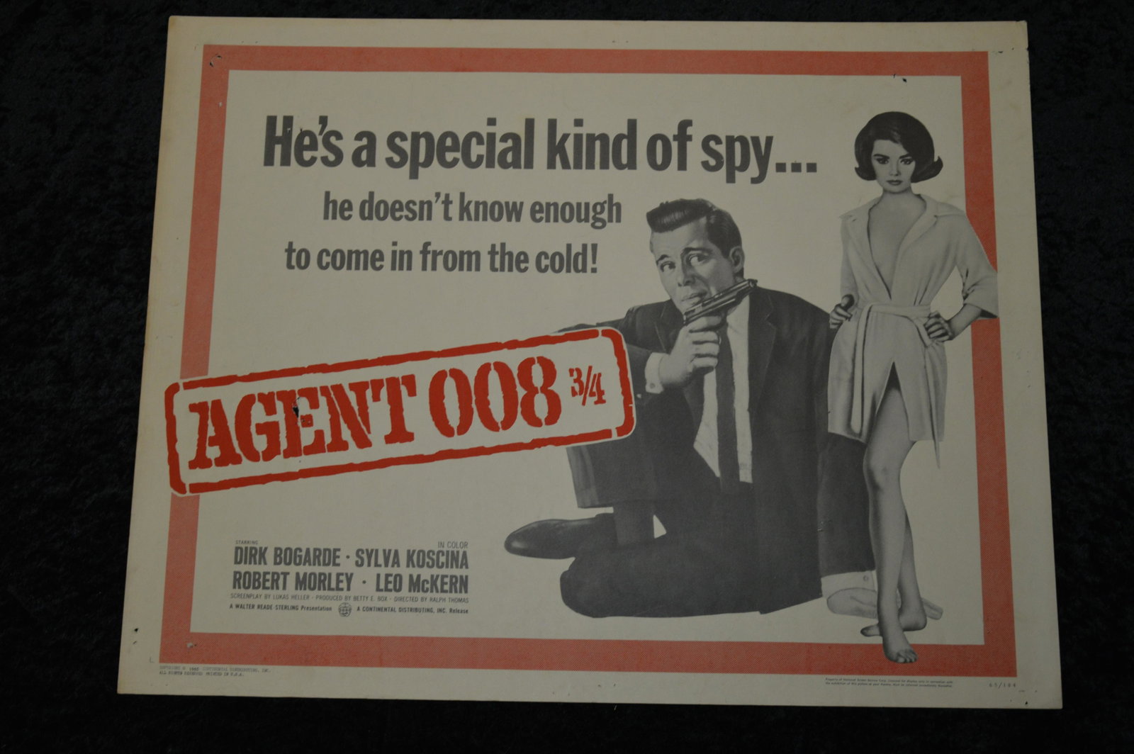1965 Agent 008 3/4 Original Movie Poster with some holes in the poster. By Continental Distributing: 1965 Agent 008 3/4 Original Movie Poster with some holes in the poster. By Continental Distributing Inc. Starring Dirk Bogarde, Sylva Koscina, Robert Morley, Leo McKern.