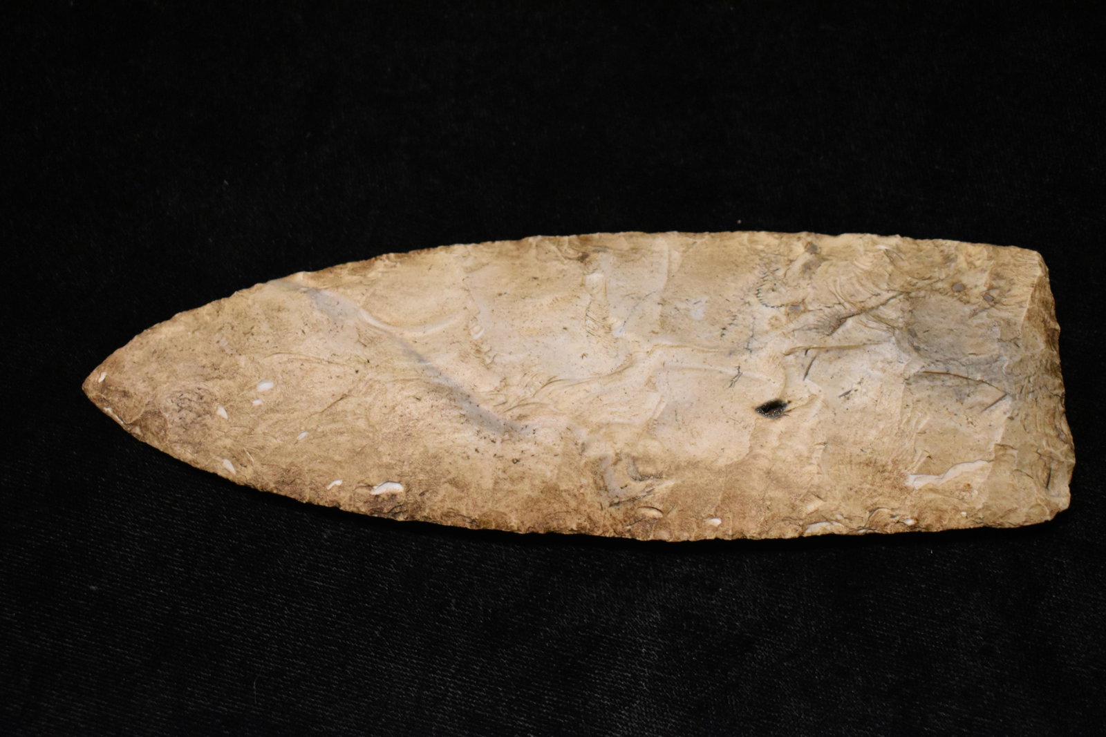 6" Modern Burlington Chert Wadlow Style Blade: 6" Modern Burlington Chert Wadlow Style Blade. Copper manufactured blade likely made over the last 30 years. Someone stained it with either old English or another penetrating agent similar to wood sta