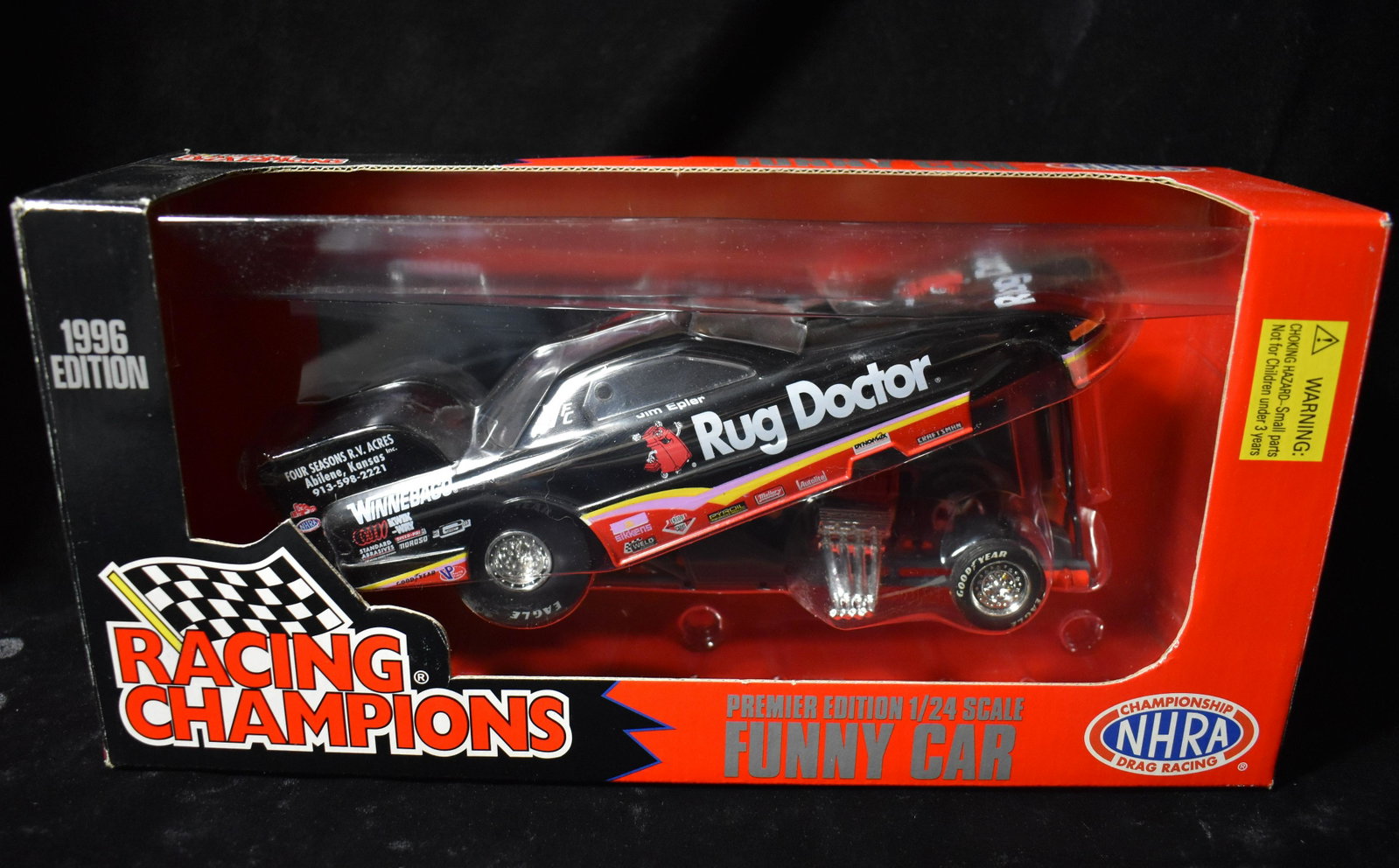 1996 Rug Doctor NHRA Funny Car Jim Epler 1:24 Racing Champions Diecast: 1996 Rug Doctor NHRA Funny Car Jim Epler 1:24 Racing Champions Diecast Car. New in its original box. "