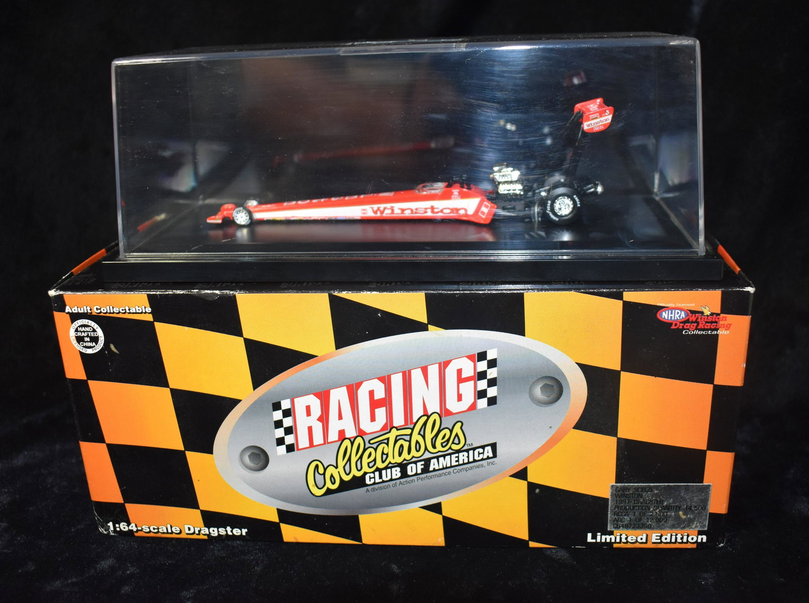 1997 WINSTON 1:64 ACTION DIECAST TOP FUEL DRAGSTER 1 of 14,500: GARY SCELZI 1997 WINSTON 1:64 ACTION DIECAST TOP FUEL DRAGSTER 1 of 14,500. New Condition in its original box."