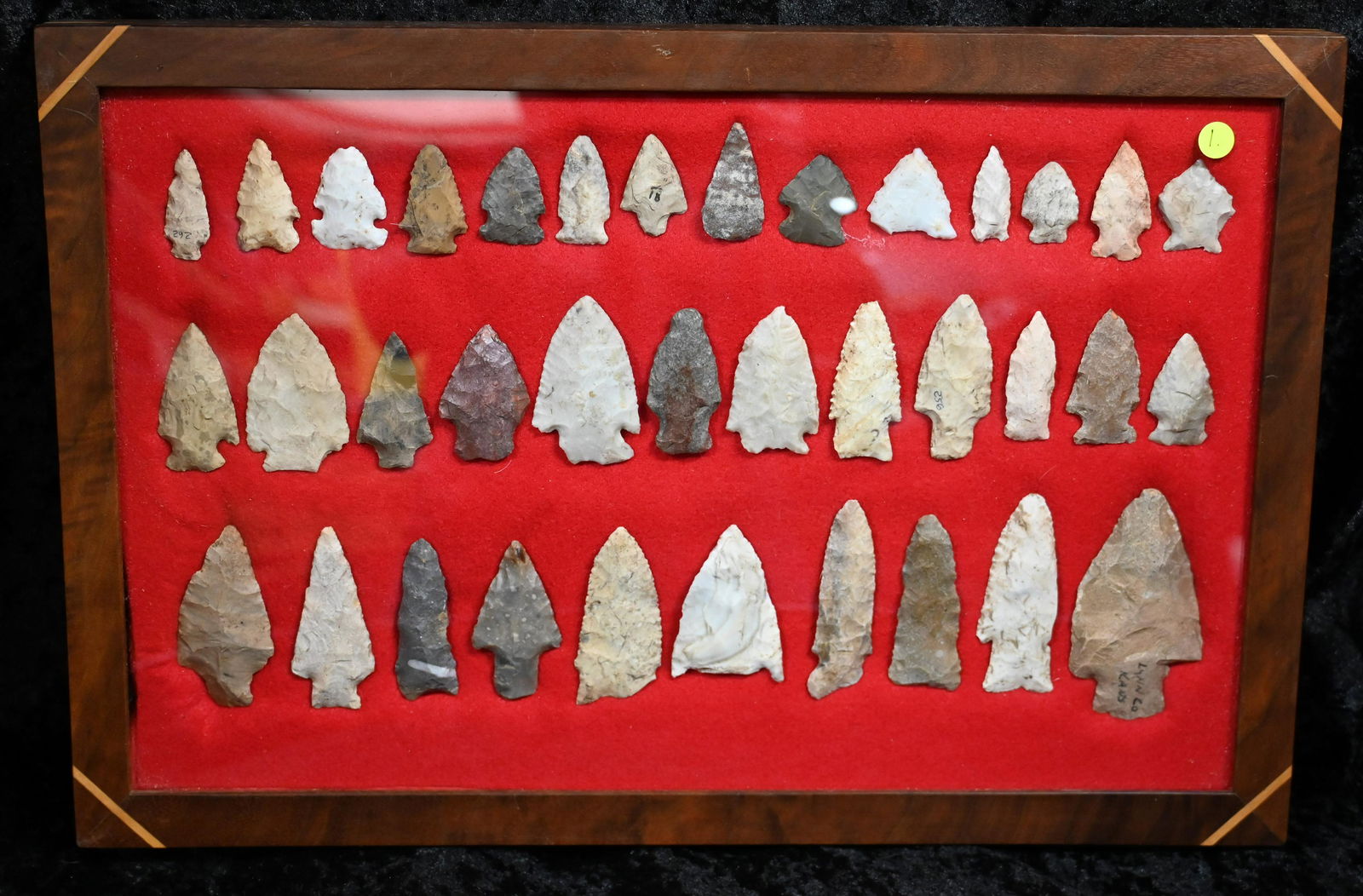 36 Arrowheads in a Walnut Frame Longest point is 3 1/2" (1 of 5)