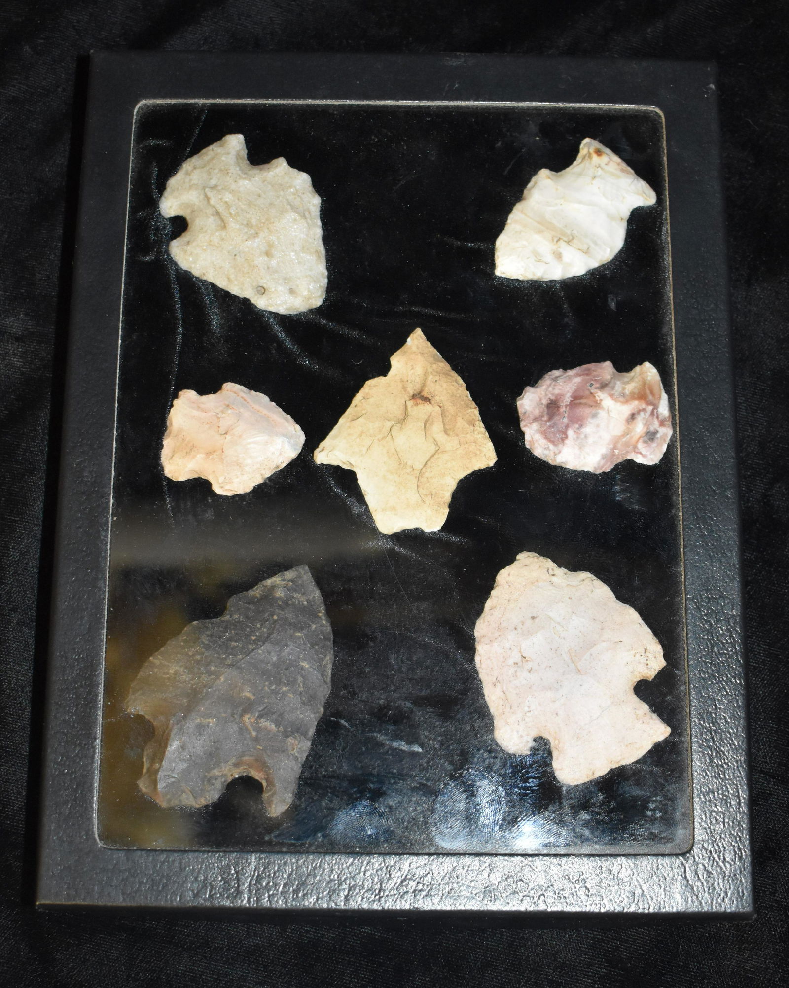 Frame of 7 Arrowheads found in Boone County, Missouri.  Ex Beau and Ryan Leach Collection (1 of 2)
