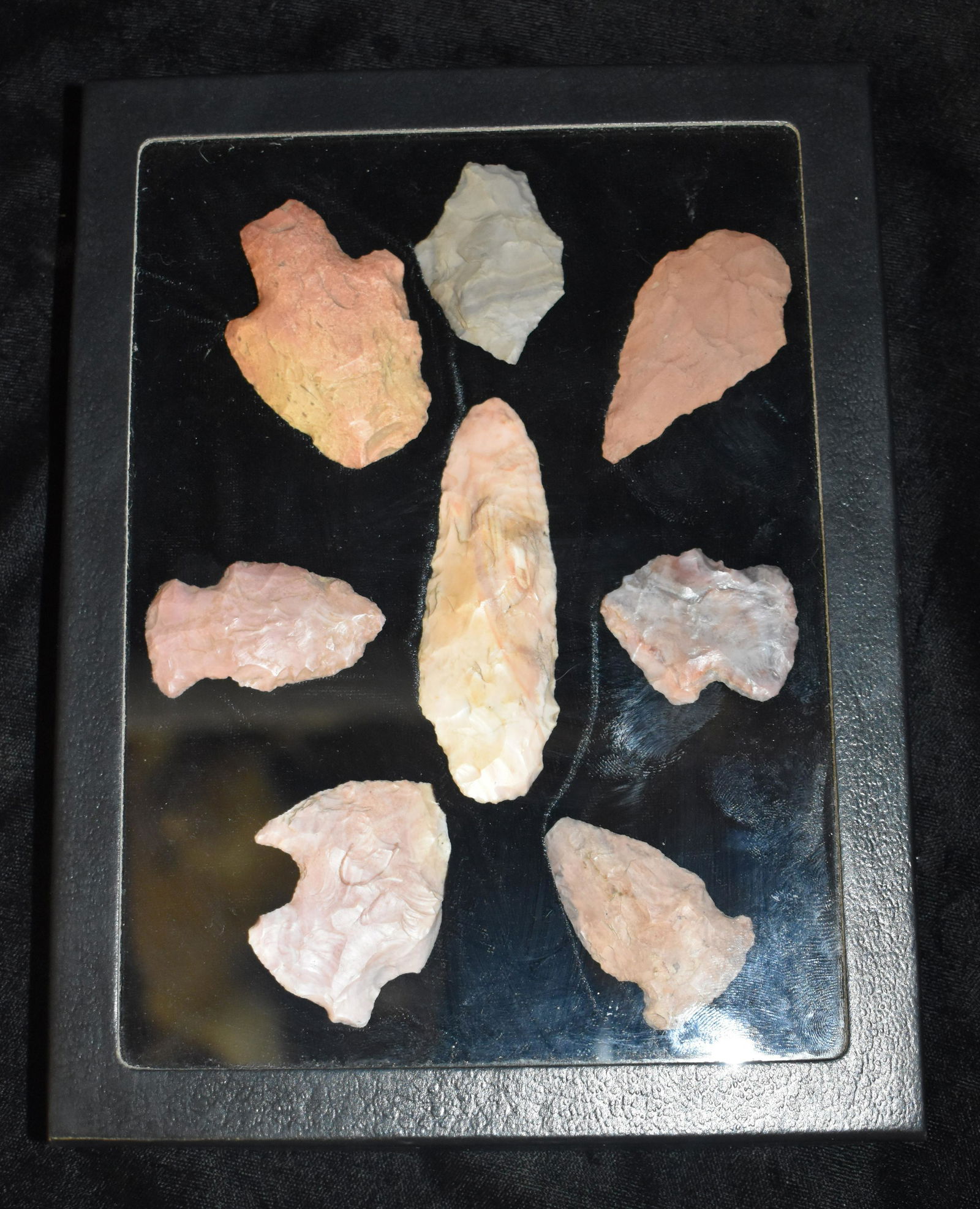 Frame of 8 Arrowheads found in Boone County, Missouri.  Ex Beau and Ryan Leach Collection (1 of 2)