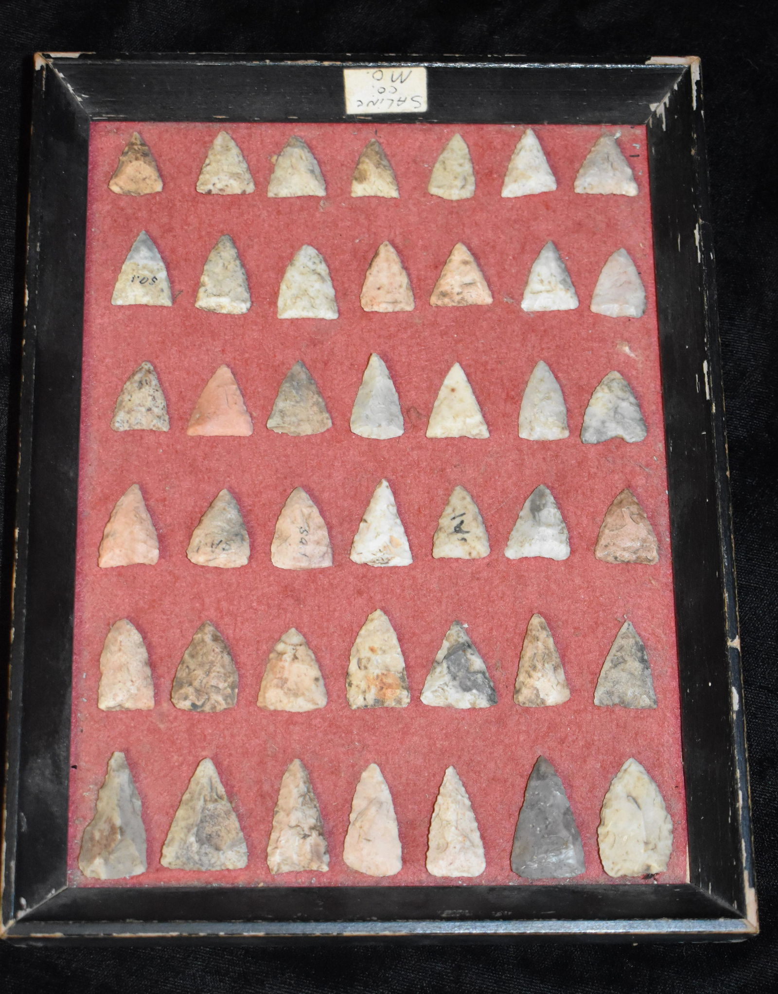 Frame of 42 Madison Arrowheads found in Saline County, Missouri (1 of 5)