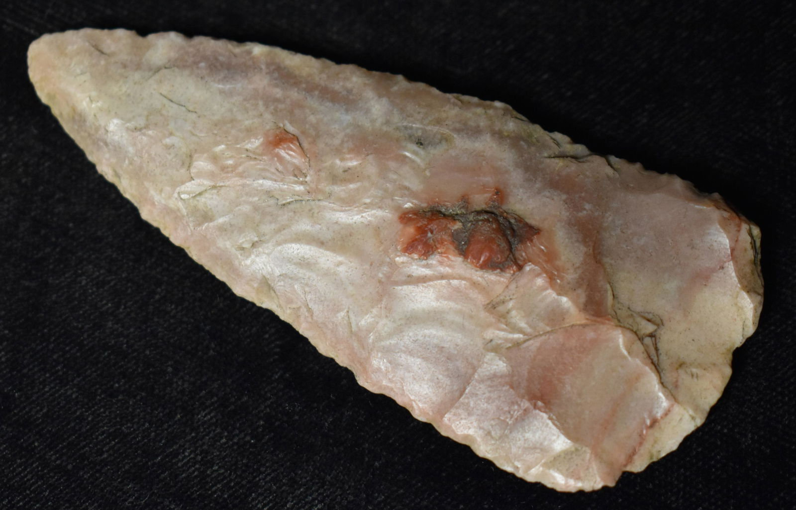 3 1/4" Colorful Chert Stanfield Blade found in Scottland County, Missouri by Rodney Gray.: 3 1/4" Colorful Chert Stanfield Blade found in Scottland County, Missouri by Rodney Gray. This blade is made from heat treated chert that is scattered in the glacial drift with deposited granite in No