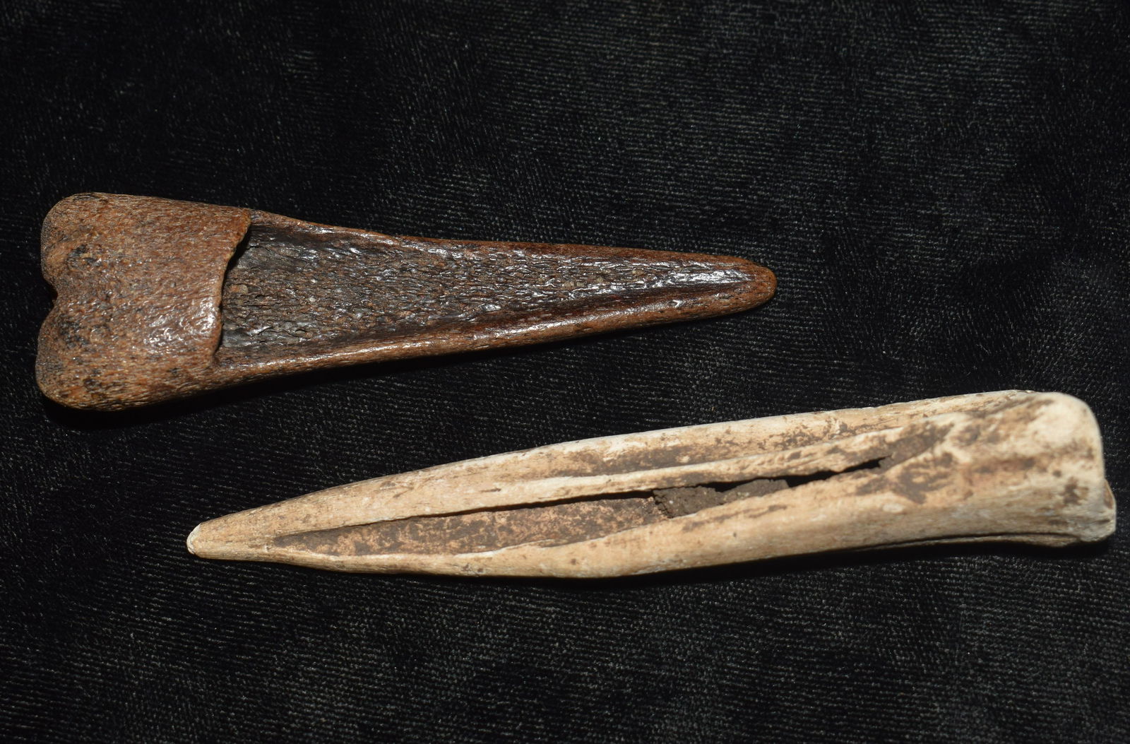 2 Bone Punches or Pressure Flakers found near the Osage River in Mo by Larry Underwood: 2 Bone Punches or Pressure Flakers found near the Osage River in Mo by Larry Underwood in 1992. They measure 3 5/8" to 4 1/2"