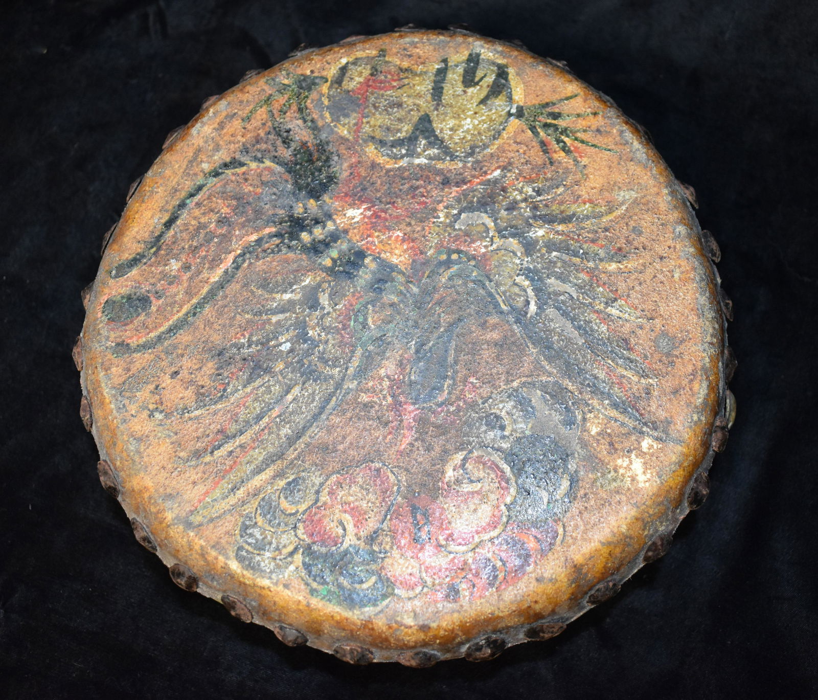 9 1/2" Antique Chinese Hand Drum With Hand Painted Dragons on Both Drum Faces (1 of 9)