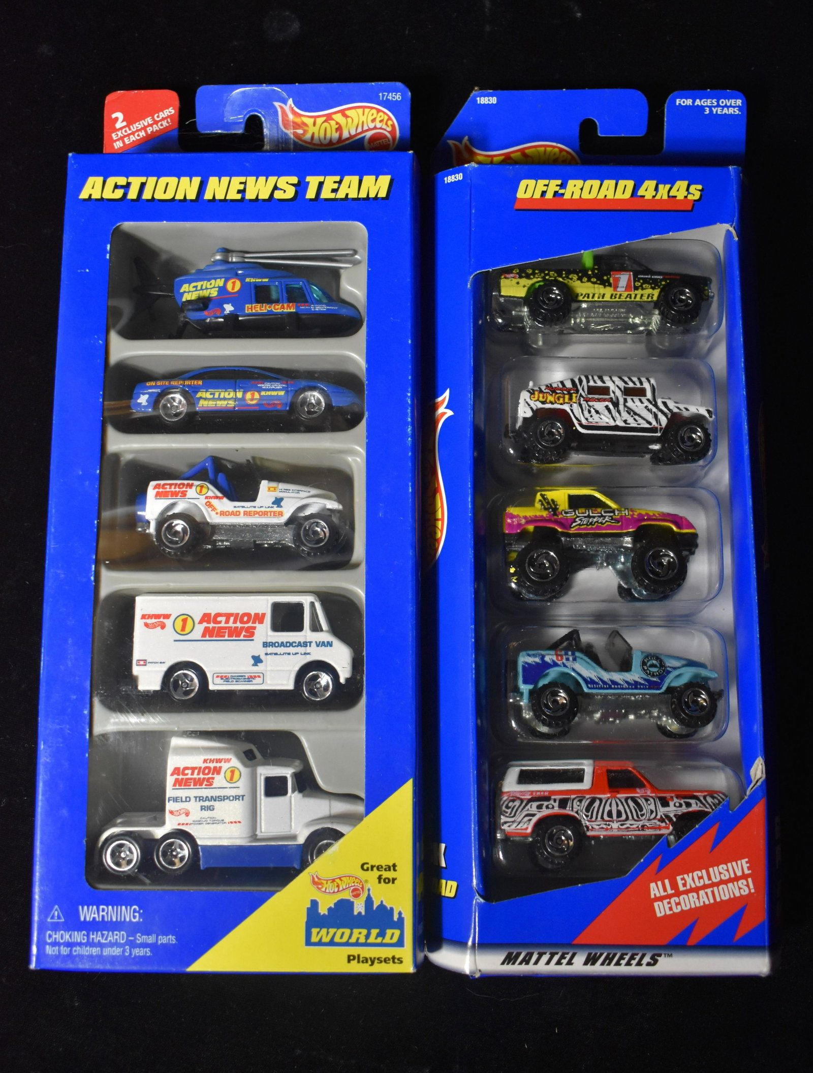 2 HOTWHEELS GIFT PACKS From the 1990's Off Road 4x4's & Action News: 2 HOTWHEELS GIFT PACKS From the 1990's Off Road 4x4's & Action News. New in their original boxes. Number 17456 from 1996 and 18830 from 1997.