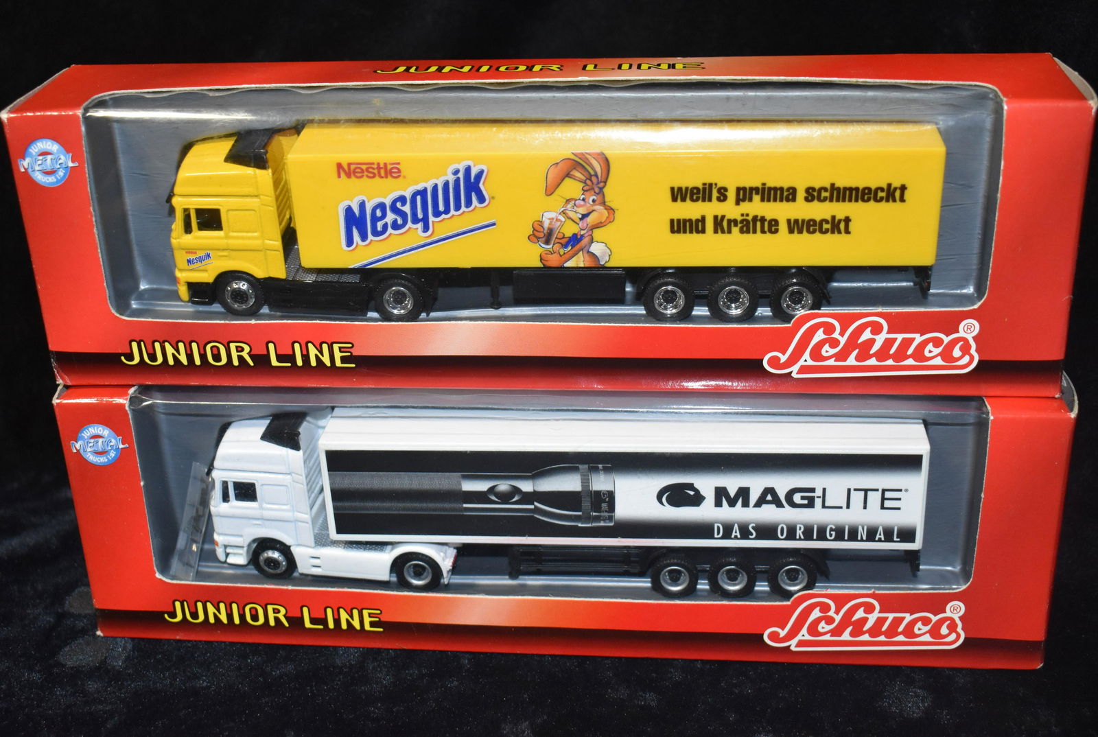 SCHUCO JUNIOR LINE 1:87 Scale Nesquik & MAGLITE Semi Trucks w/ Trailers: SCHUCO JUNIOR LINE 1:87 Scale Nesquik & MAGLITE Semi Trucks w/ Trailers 2000. New in their original boxes. Appear to be made for sale in Germany. Appear to be 1:64 Scale.