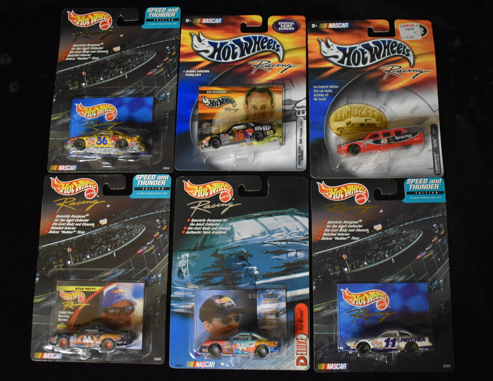 6 HOTWHEELS NASCAR RACING Diecast Cars from 1999 & 2000: 6 HOTWHEELS NASCAR RACING Diecast Cars from 1999 & 2000. Ken Shrader M&M's 36 (1999 & 2000), Limozeen 2000, Paychex 11 1999, Kyle Petty HOT WHEELS 44 1999 and 2000. All new in their original packages.