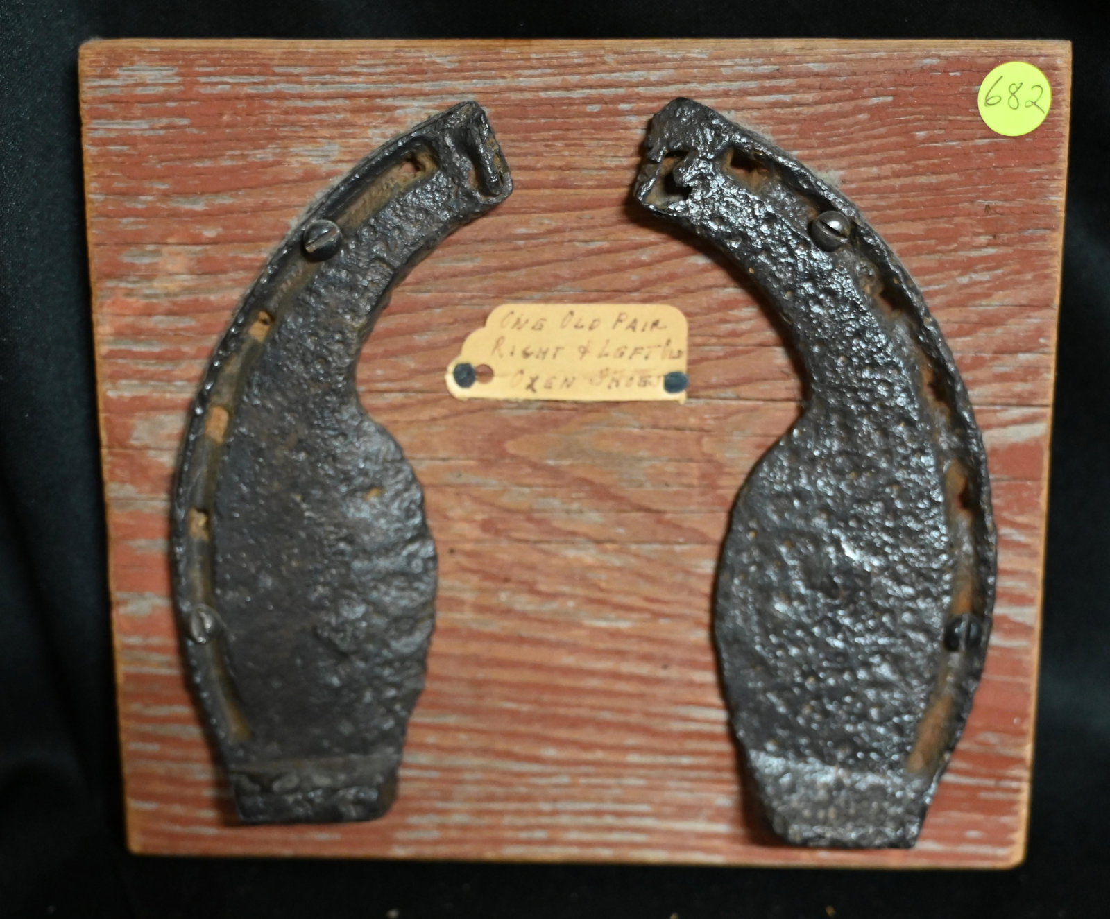 Pair of Ox Shoes Screwed on a piece of barn wood. Dated back to the 1800's and very rare. Made to: Pair of Ox Shoes Screwed on a piece of barn wood. Dated back to the 1800's and very rare. Made to hang on the wall as a picture this would look great in any rustic dÃ©cor and are definitely over 100