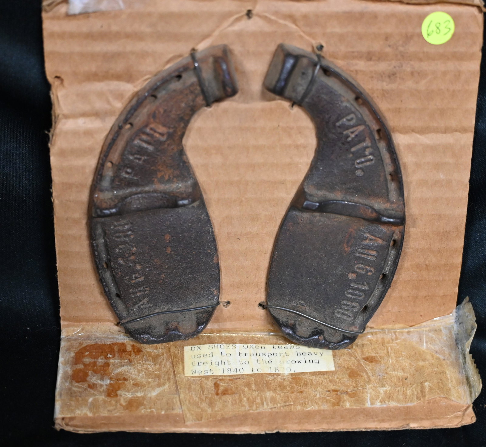 Pair of Ox Shoes on a piece of cardboard. Dated back to the 1800's and very rare. Made to hang on: Pair of Ox Shoes on a piece of cardboard. Dated back to the 1800's and very rare. Made to hang on the wall as a picture this would look great in any rustic dÃ©cor and are definitely over 100 years o