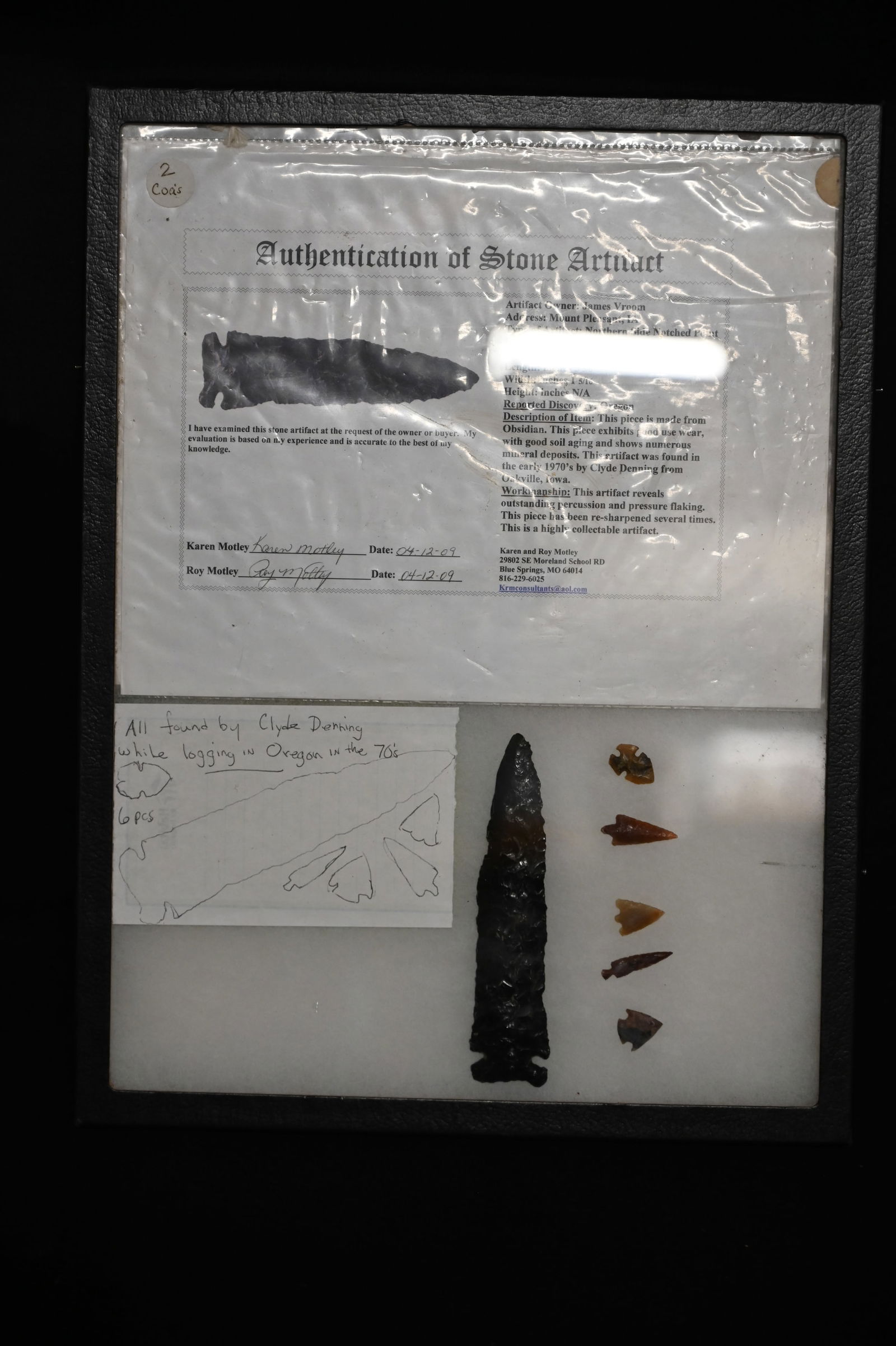 Frame of Arrowheads Found in Oregon.  Includes an Outstanding 5 5/8" Northern Side Notched Point (1 of 12)
