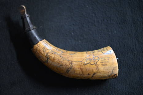 Powder Horn with a very detailed map engraved of Northern Illinois and Eastern Iowa.  Also has: Powder Horn with a very detailed map engraved of Northern Illinois and Eastern Iowa. Also has Harold Smith engraved in it.