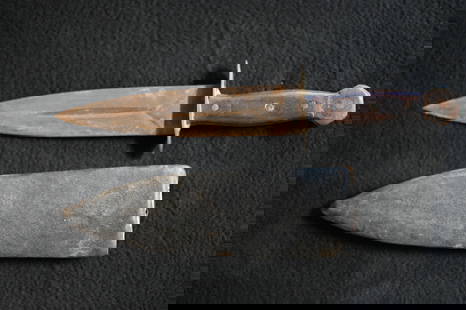 Hand Forged Knife and Sheath, Dagger Style with a wood case covered with old leather.: Hand Forged Knife and Sheath, Dagger Style with a wood case covered with old leather.