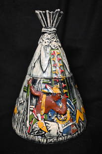 Vintage McCoy Indian Tepee Cookie Jar. 10 1/2" Tall Rare McCoy ceramic Native American vintage: Vintage McCoy Indian Tepee Cookie Jar. 10 1/2" Tall Rare McCoy ceramic Native American vintage cookie jar from 1950's, excellent condition Hand stamped on bottom #137. Great color compared to other th