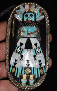 HUGE XL Bev Estate Zuni Silver Multi-Stone Inlay SW Shalako Mud Head Kachina Bolo: Beverly Estate Zuni Sterling Silver Multi-Stone Inlay Southwest Shalako Mud Head Kachina Bolo. Outstanding artistic zuni bolo. Excellent condition. Bolo centerpiece measures 4 7/8" by 2 3/8". Bolo inc