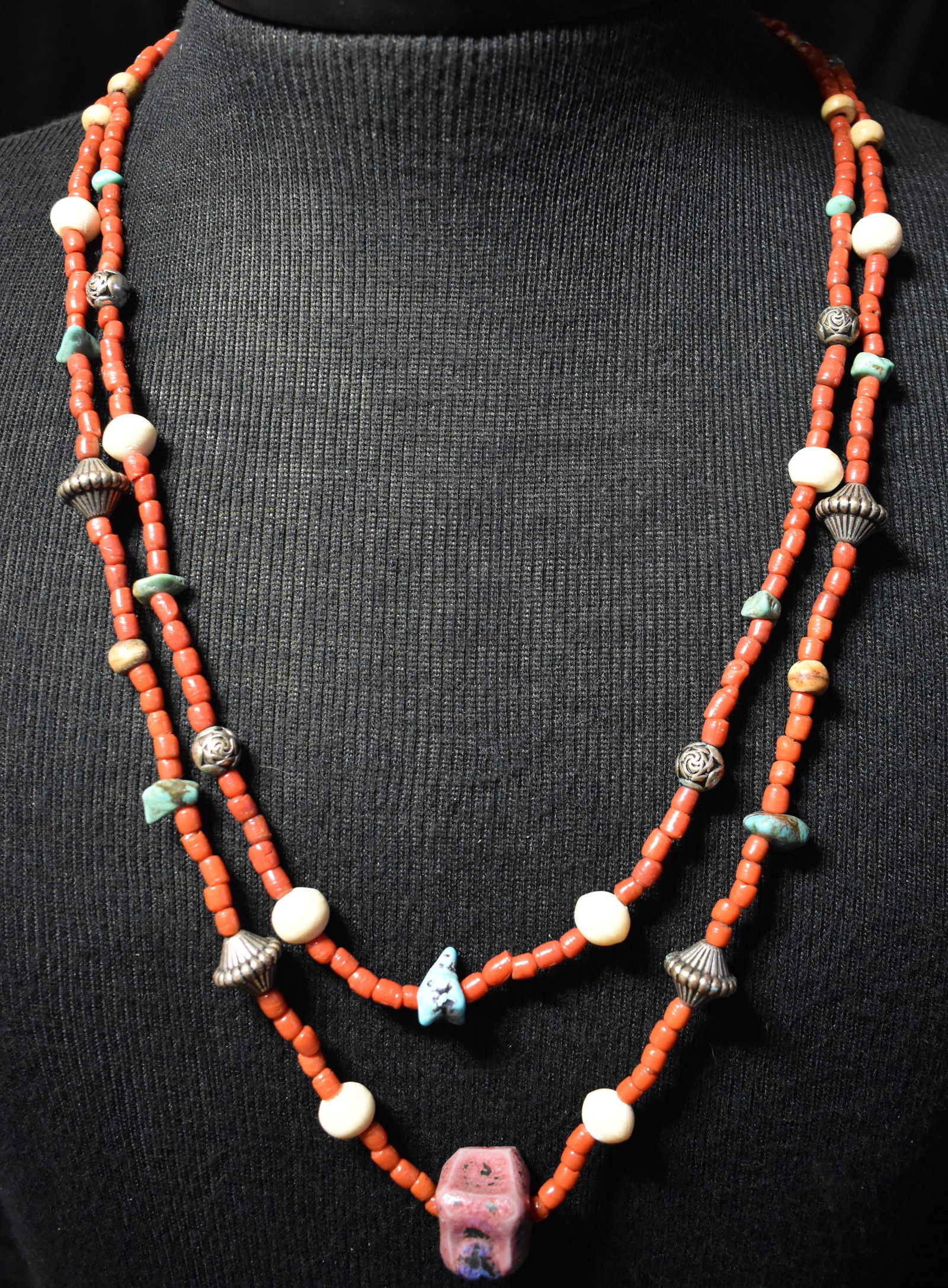 Vintage 30"" 2 Strand Pueblo Style Coral and Turquois Navajo Necklace (1 of 5)