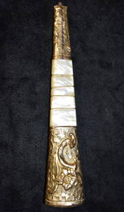 Elaborate Antique Gold & Mother of Pearl (MOP) Hexagonal Parasol Umbrella Handle: Elaborate Antique Gold & Mother of Pearl (MOP) Hexagonal Parasol Umbrella Handle - Victorian / Edwardian late 1800's. Not sure what the gold content is but it is gold. Measures 7 3/8" Length