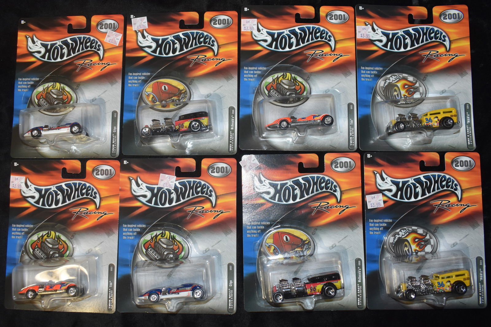 8 2001 Hot Wheels Racing Inspired by Fans: 8 2001 Hot Wheels Racing Inspired by Fans. New in their original boxes from 2001. Cars and boxes are in mint/new condition. Item numbers are 52620 x2, 52622 x2, 52623 x2 and 52619 x2. Original sticker