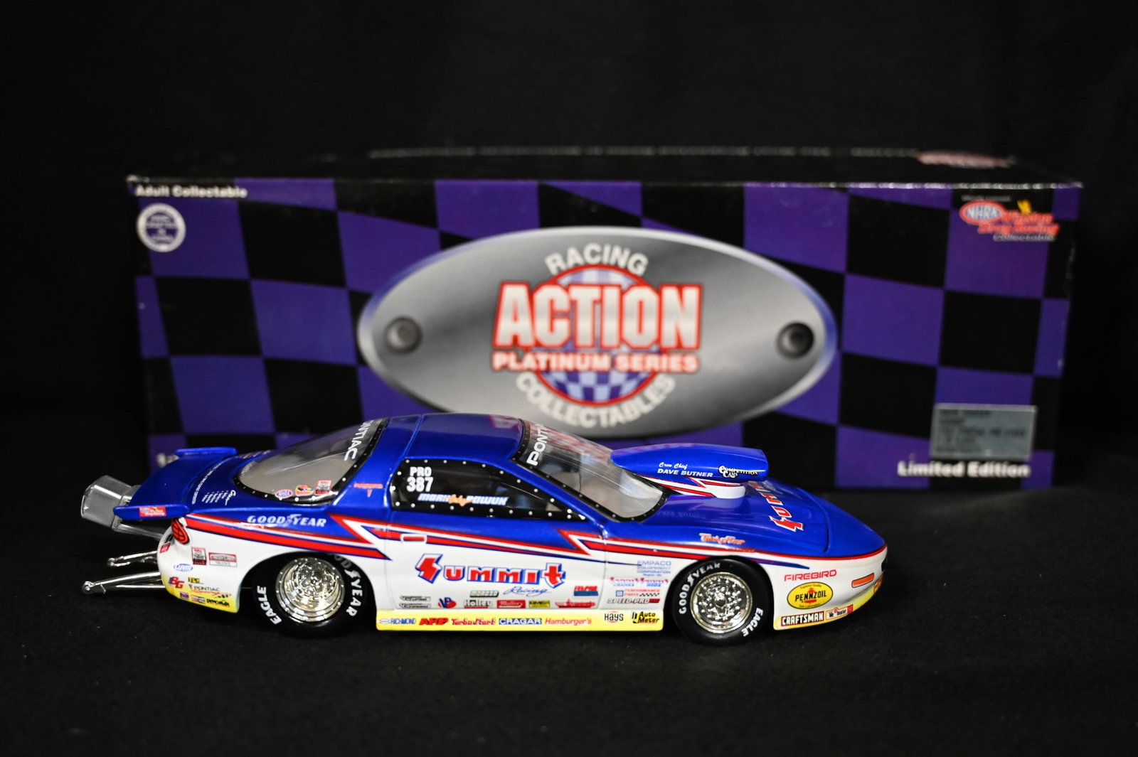 1997 Mark Pawuck "Summit" Pontiac NHRA Pro Stock Limited Edition 1 of 6,000 by Action Racing: 1997 Mark Pawuck "Summit" Pontiac NHRA Pro Stock Limited Edition 1 of 6,000 by Action Racing Collectables Platinum Series 1:24 Scale. The car and box are in brand new condition.