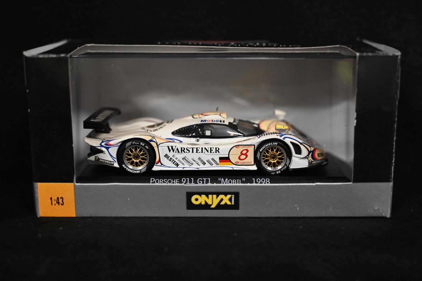 Onyx 1998 Porche 911 GT1 Mobil #8 FIA GT Championship 1:43 Scale Die Cast Car.  The car and box are (1 of 5)