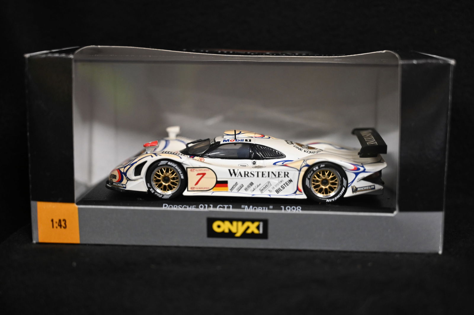 Onyx 1998 Porche 911 GT1 Mobil #7 FIA GT Championship 1:43 Scale Die Cast Car.  The car and box are (1 of 5)