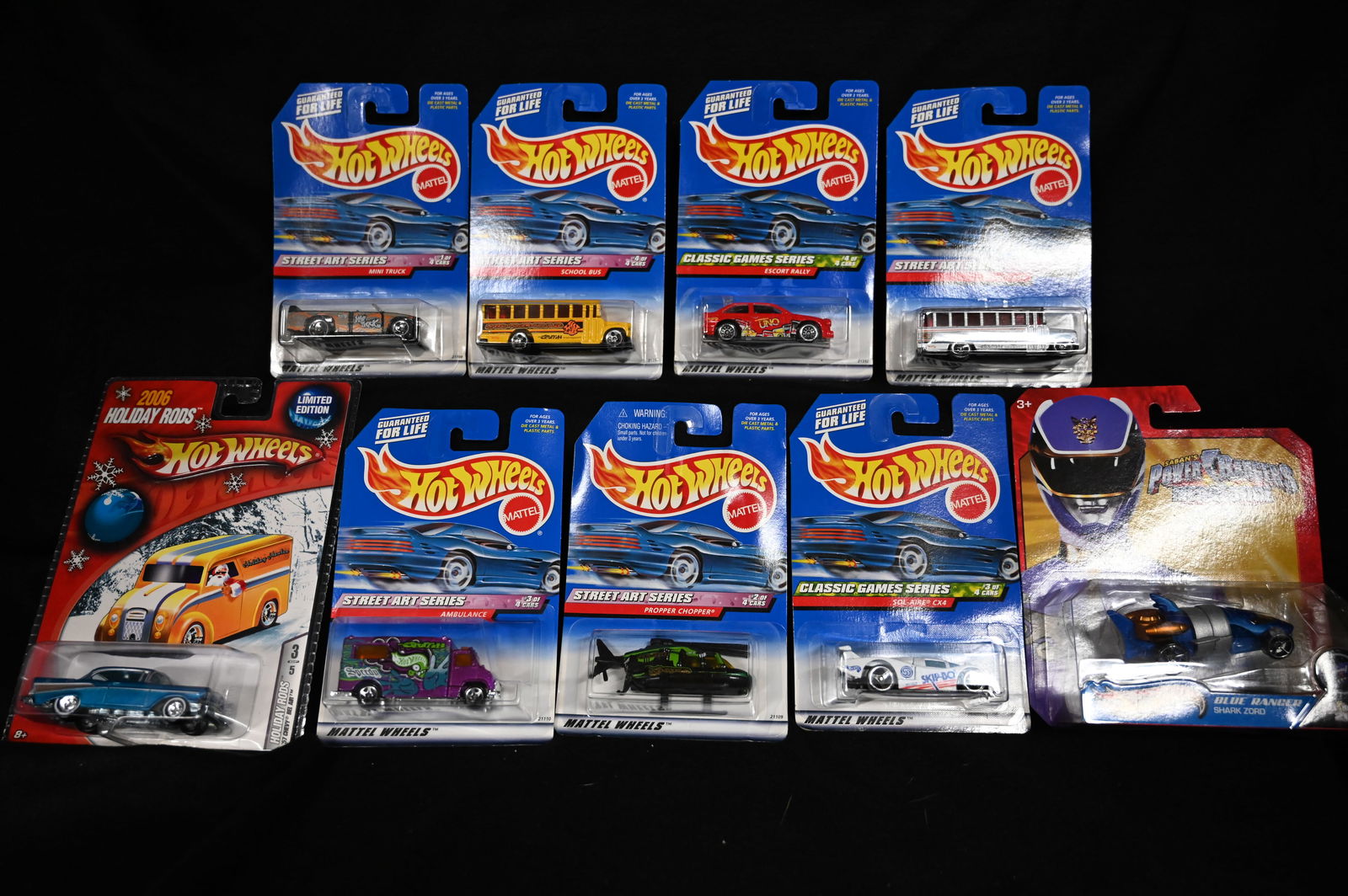 9 Hot Wheels Cars 1998-2012. Power Rangers Mega Force, Holiday Rods, Street Art Series and Classic: 9 Hot Wheels Cars 1998-2012. Power Rangers Mega Force, Holiday Rods, Street Art Series and Classic Games Series. All cars are brand new and in the original packaging.