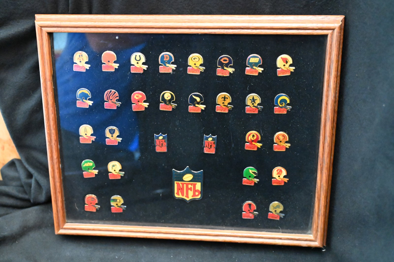 Vintage Coca Cola NFL Collector Pins Set Framed in a Wood Display Case.  Original Box is included. (1 of 9)