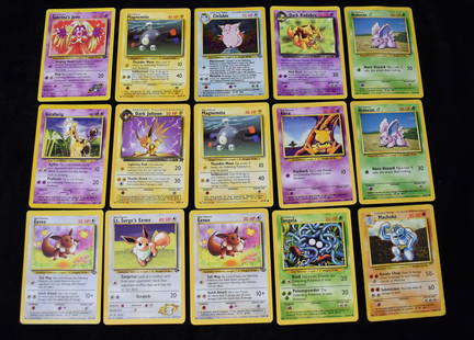 15 1st Edition Pokemon Cards 1999 & 1999-2000: 15 1st Edition Pokemon Cards 1999-2000. The cards in this group include: Clefable 1/64, Dark Kadabra 39/82 , Girafarig 58/111, Dark Jolteon 38/82, Abra 42/102, Lt. Surges Eevee 51/102, Basic Pokemon E